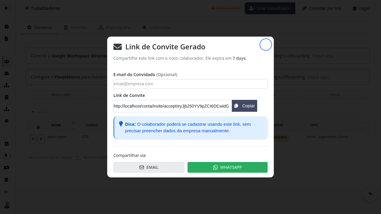 Link de convite para colaboradores no Pontonet (compartilhar por e-mail ou WhatsApp)