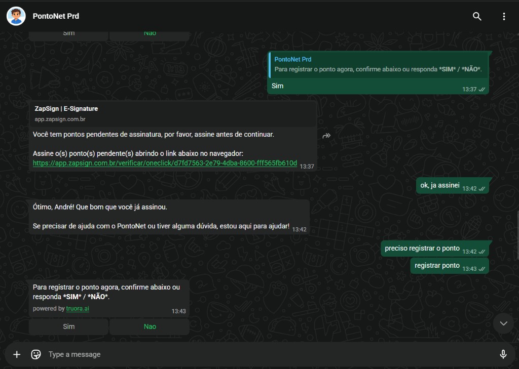 Conversa WhatsApp com Netinho: pontos pendentes de assinatura ZapSign, colaborador confirma assinatura, pede registrar ponto e recebe botões Sim e Não para confirmar batida
