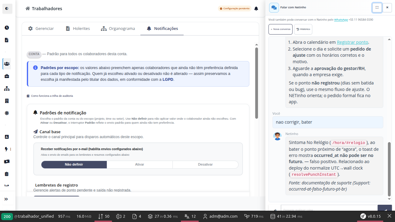 Tela de padrões de notificação com opções de e-mail e lembretes no app