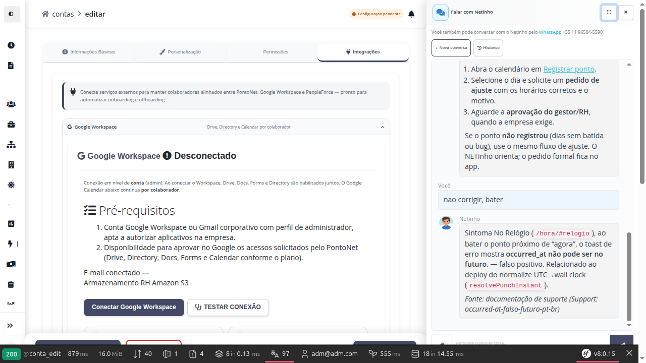 Configuração de notificações por WhatsApp e lembrete de saída pendente